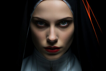 Wall Mural - Mysterious religious person nun priest in church robe serious face expression Generative AI illustration