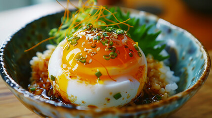 Poster - Close-up of a perfectly soft-boiled egg over rice, garnished with green onions and sesame seeds in a ceramic bowl.