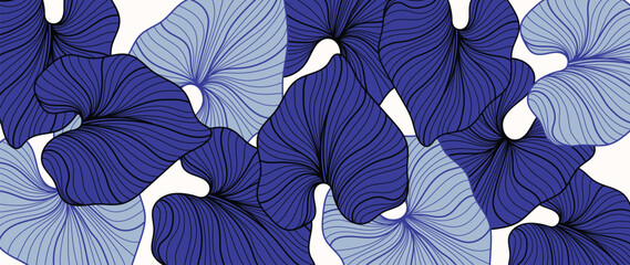 Wall Mural - Blue tropical leaf line art background vector. Abstract botanical floral line art pattern design in minimalist linear contour style. Design for fabric, poster, print, home deco, banner and  wallpaper.