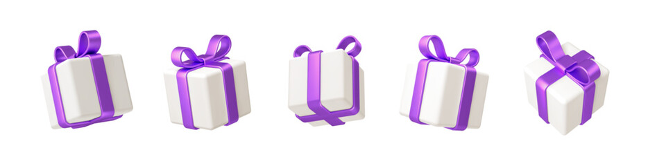 Set of realistic 3d render gift boxes. White gift box with purple bow and ribbon. Gift box in different angles. Vector illustration.