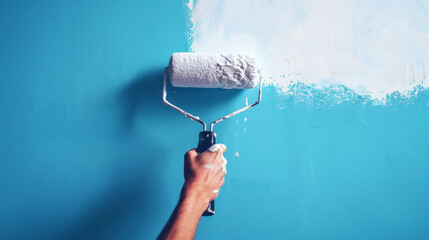 Close-up of a person's hand using a paint roller to apply white paint on a blue wall.