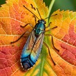An alderfly fly crawling in vibrant colorful leaves