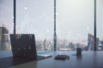 Aufkleber - Abstract creative financial graph and modern desktop with pc on background, financial and trading concept. Multiexposure