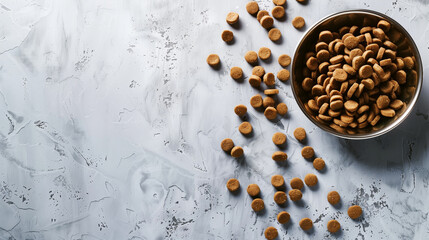 Wall Mural - A stainless steel bowl full of dry dog food on a textured gray background with scattered kibbles around.