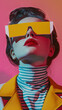 Futuristic female portrait with geometric sunglasses and pink backdrop