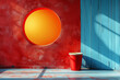 Sun-inspired wall art with a red solo cup on concrete floor