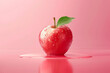 Red apple with water drops on vibrant pink backdrop