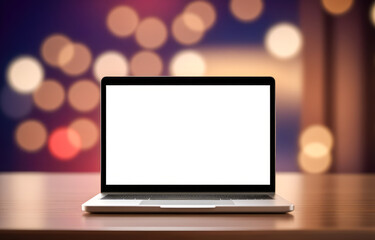 Poster - Laptop or notebook with blank screen on wood table in blurry background with orange bokeh. warm and blurred background.