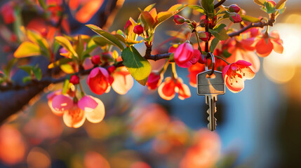 Wall Mural - A key hanging from a flowering tree branch with vibrant pink blossoms and a soft sunset in the background.