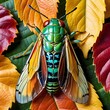 A vibrant cicada stationed in colorful leaves