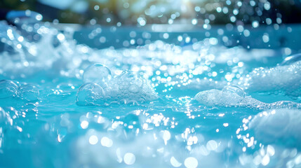 Wall Mural - Close-up image of sparkling water with bubbles and bokeh effects under sunlight.