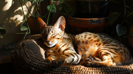 Wall Mural -  a lazy Ocicat lounging in the sunbeam 