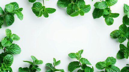 Sticker - Fresh green mint leaves form a natural frame on a bright white background with ample copy space.