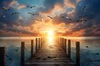 Dreamlike color A wooden bridge extends to the sea wallpaper background
