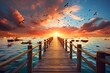Dreamlike color A wooden bridge extends to the sea wallpaper background
