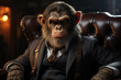Imposing chimpanzee in a suit and tie seated in a leather armchair, exuding authority.