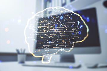 Poster - Creative artificial Intelligence concept with human brain hologram and modern desktop with computer on background. Multiexposure