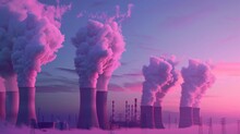 Nuclear Power Plant Made Of Huge Smokestacks Polluting The Environment. Ai Generative