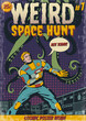 Weird Space Hunt Retro Comics Cover Style Illustration. Astronaut with Laser Gun, Extraterrestrial Monster's Tentacles, Spaceship Interior. Retro Colors and Style, Aged Paper Texture