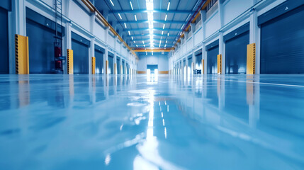 Poster - Empty modern warehouse interior with a shiny reflective floor and multiple closed garage doors.