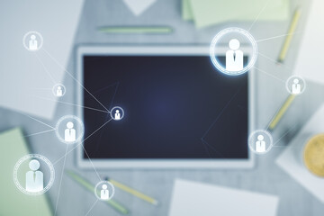 Aufkleber - Double exposure of social network icons concept and digital tablet on background, top view. Marketing and promotion concept