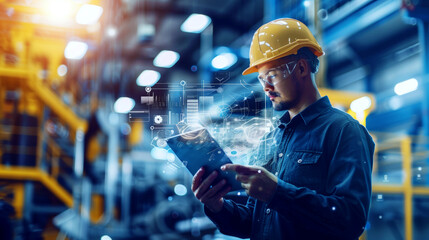 Wall Mural - Asian engineer in safety helmet using a tablet with futuristic interface graphics in an industrial facility.