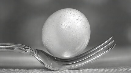 Poster -   An egg sits atop a fork alongside a knife and spoon perched on a tablecloth