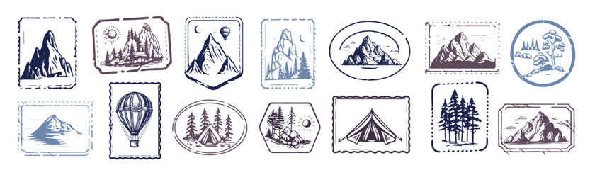 Wall Mural - Camping set, Mountain landscape, hand drawn style, vector illustration.