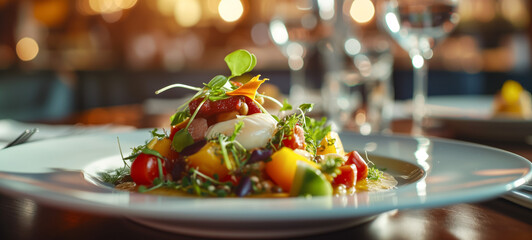 Exquisite gourmet tomato and microgreens salad on plate