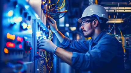 Wall Mural - Focused technician adjusting complex wiring in an industrial facility, wearing a hardhat and safety gloves.
