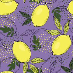 Wall Mural - Abstract lemons pattern. Hand drawn line lemon illustration. Minimalism lemon. Seamless pattern with citrus fruits.