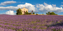Provence In Summer With Lavender Field And Small Stone Chapel. Entrevennes, Alpes-de-Haute-Provence (Alps), France