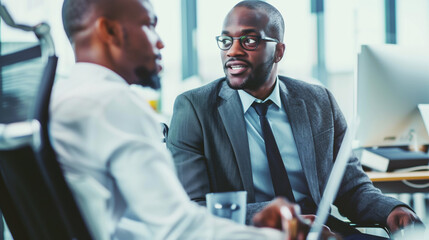 Wall Mural - Two professional African American businessmen engaged in a discussion in a modern office setting.