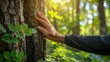 Human Hand Touching Tree Trunk in Lush Green Forest: Close-Up Image. Concept Nature Photography, Environmental Connection, Close-Up Shot, Lush Greenery, Human Interaction