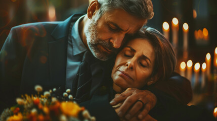 An intimate moment between a middle-aged couple, the man comforting the woman amid a softly-lit evening setting.