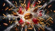 Explosion Flying Fast Food Creates a Dramatic Scene on a Dark Background