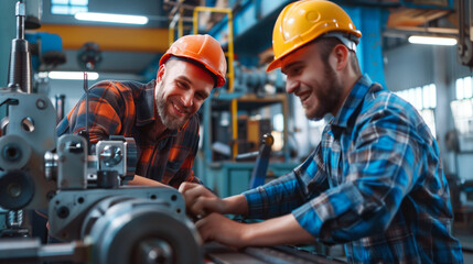 Poster - Two smiling male workers in hard hats engaging with machinery at an industrial plant.