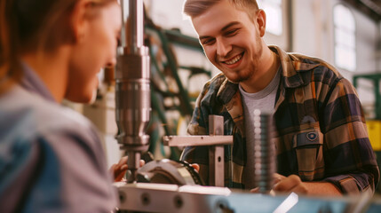 Poster - Two young adults smiling and working together on machinery in a light-filled industrial workshop.