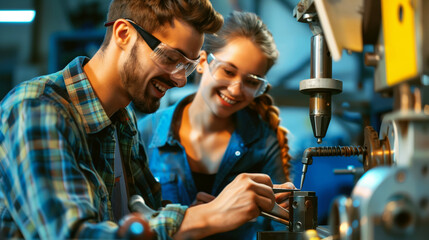 Poster - A young man and woman in safety glasses working closely on a machine part in a well-equipped workshop.