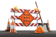 Сonstruction site with a Road Work Ahead sign, traffic cones, hard hat, shovel against a white background. Road safety, construction work, civil infrastructure maintenance engineering projects. 3D