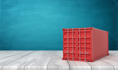 Poster - 3d rendering of closed red shipping container on white wooden floor and dark turquoise background