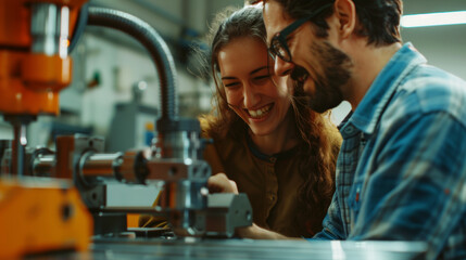 Canvas Print - Young man and woman collaborating on a project in a high-tech robotics workshop.