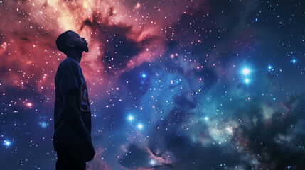 a man standing proudly against a backdrop of stars, symbolizing his success and accomplishments.