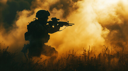 Wall Mural - Silhouette of a soldier in action amidst smoke and sunset, aiming a rifle in a grassy field.