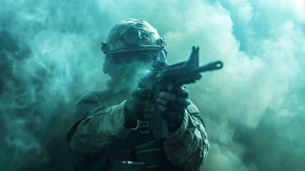 Wall Mural - A soldier in camouflage gear and helmet, aiming a rifle amidst dense smoke, with a strong green tint.