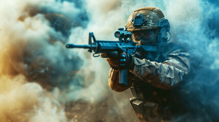 Wall Mural - A soldier in camouflage gear aiming a rifle amid dense smoke on a battlefield.