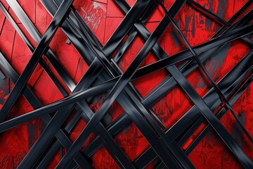 Wall Mural - A web of red metallic lines intertwines on a black background, creating an abstract cyber geometric design.