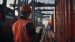 A working engineer in an orange protective vest and helmet stands in the warehouse of the loading dock at the seaport and looks at a tablet