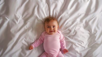 Wall Mural - Cheerful baby in pink onesie lying on a white satin bedsheet, smiling brightly at the camera.