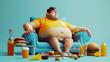 Illustration of an overweight man slumped in a chair surrounded by fast food and soft drinks.
